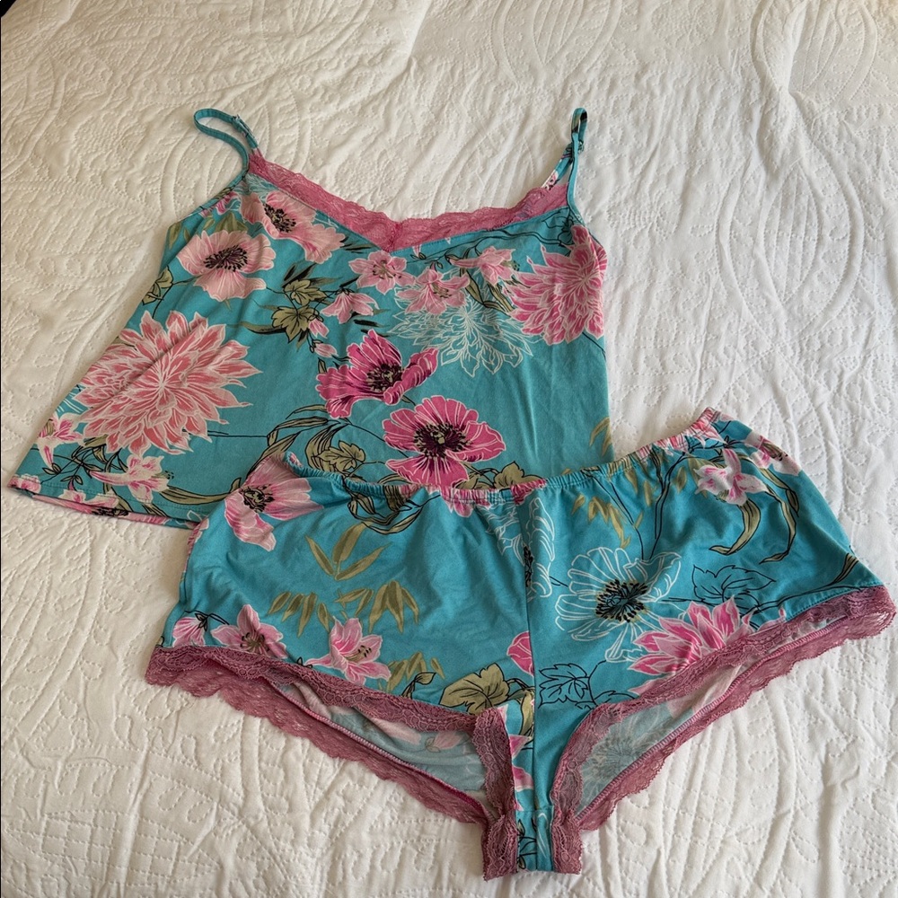 Secret Treasures Turquoise Floral Camisole & Shorts Set with Pink Lace Trim